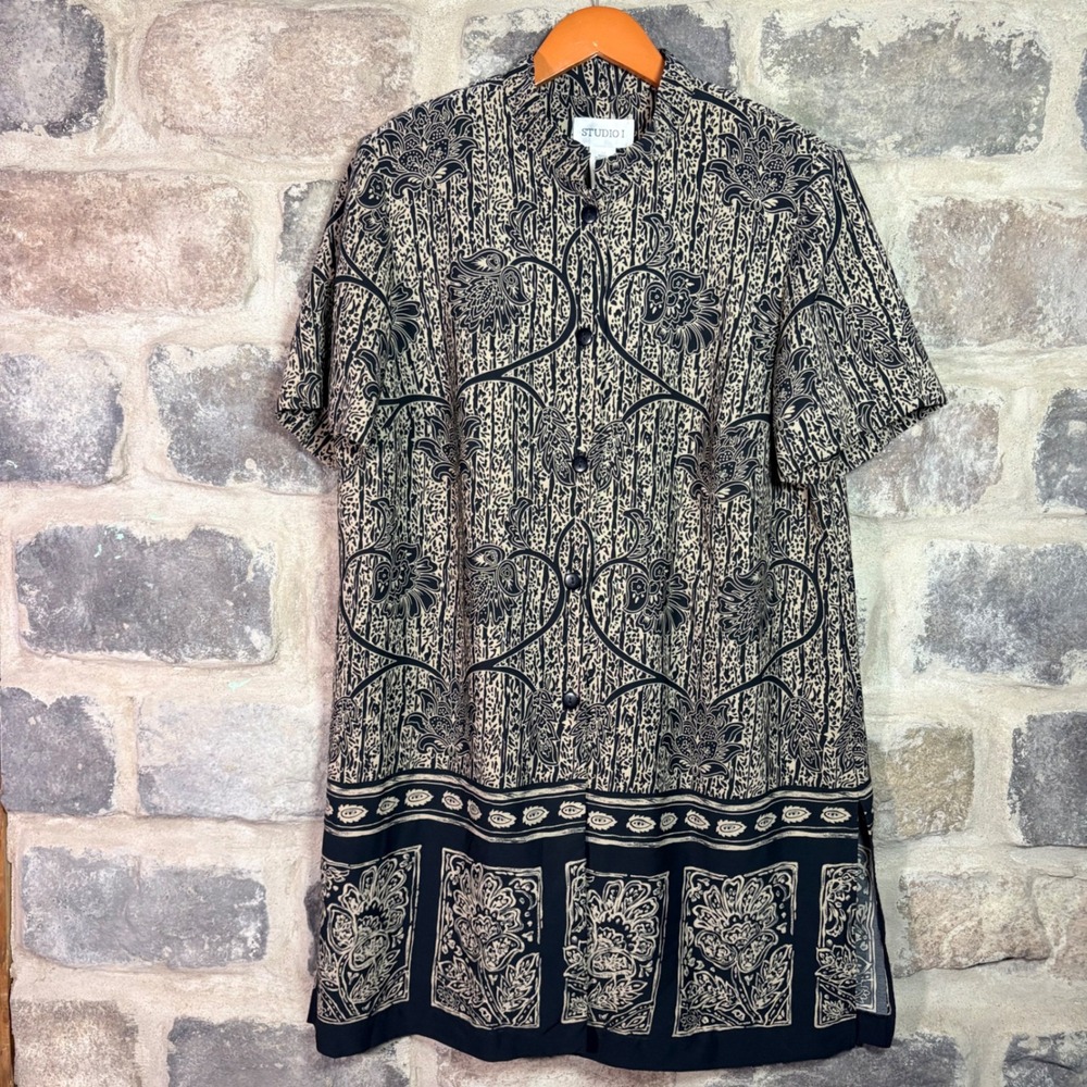 Studio I Womens 18W Black‎ Tan Floral Paisley Button Front Tunic Top Blouse Boho